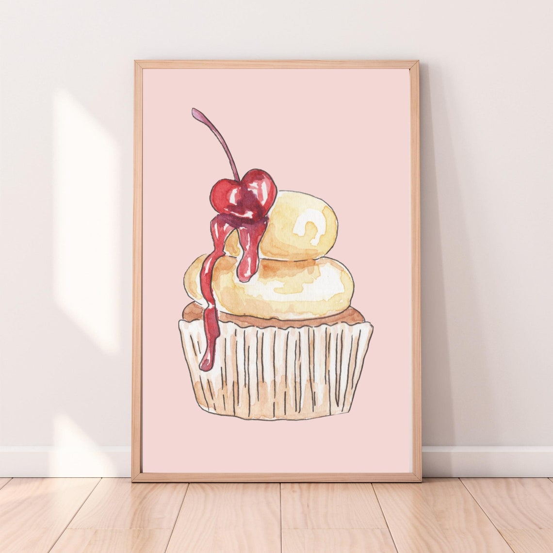 Cherry Topped Cupcake in Watercolor Dessert Painting Art Print