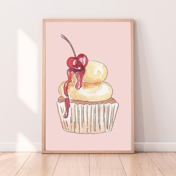 Cherry Cupcake Poster Dessert Poster Food Poster Wall Art Home Decor Prints Watercolour Painting