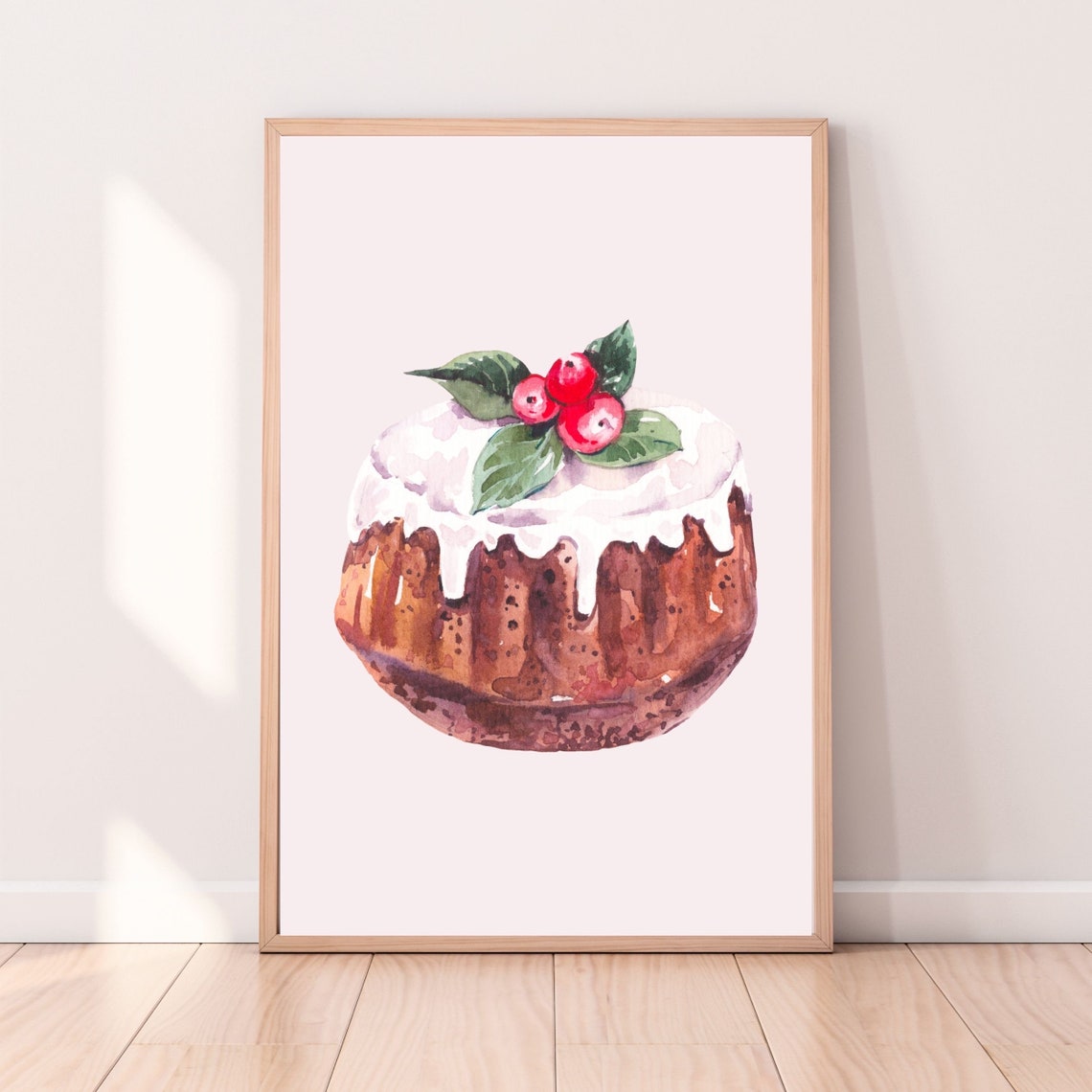 Iced Christmas Bundt Cake With Holly Berries Watercolor Poster
