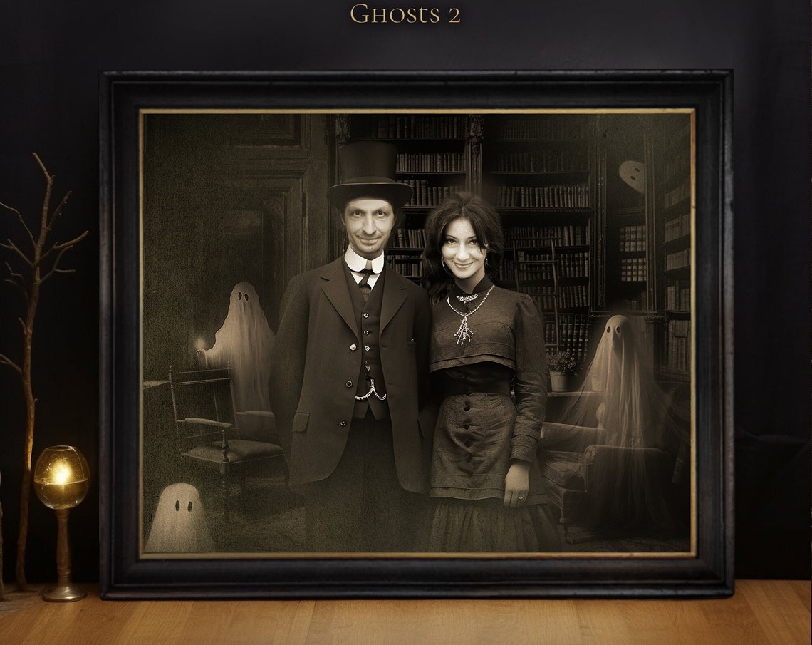 Victorian Couple With Ghosts Custom Haunted Halloween Portrait Poster