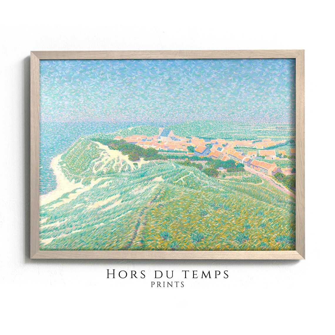 Sunlit Coastal Village Pointillist Style Seaside Cliff Landscape Poster