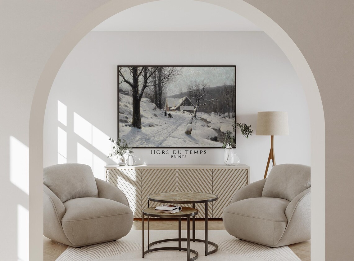 Children Sledding on Snowy Village Lane Winter Painting Poster - Image 2