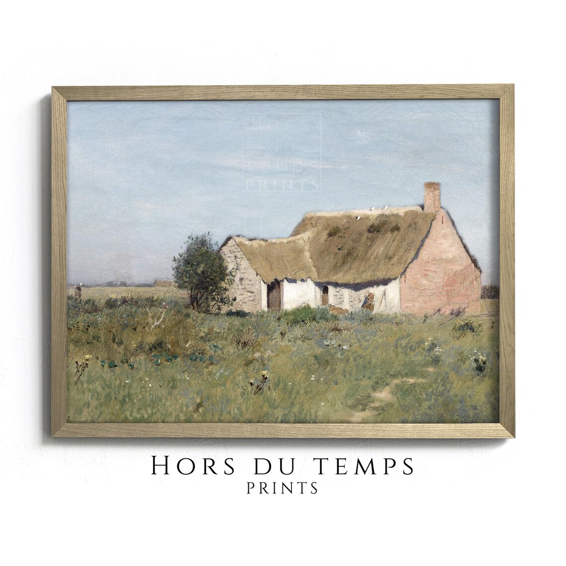 Vintage Thatched Cottage Meadow Blue Sky Country Painting Poster