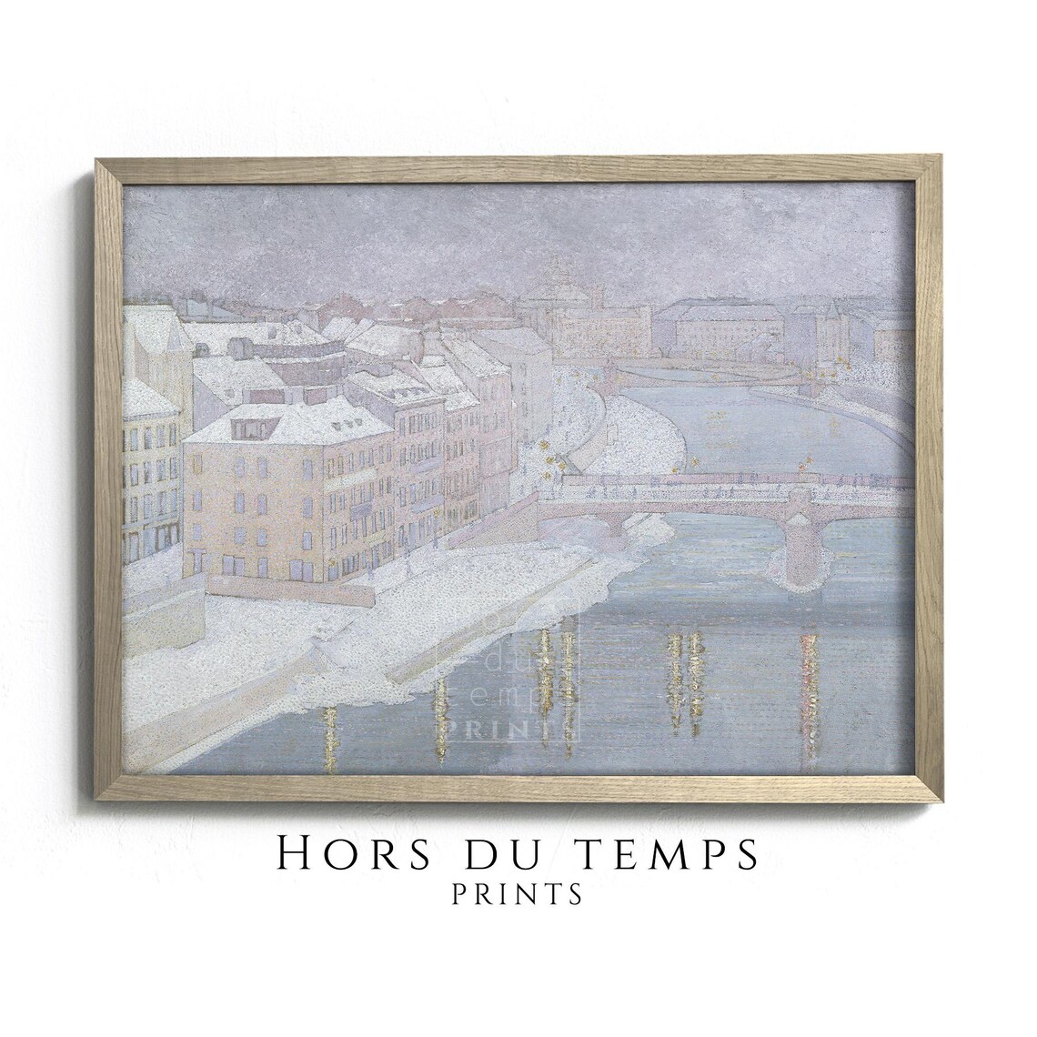 Pointillist Winter River Cityscape Bridge Lights Snow Painting Poster