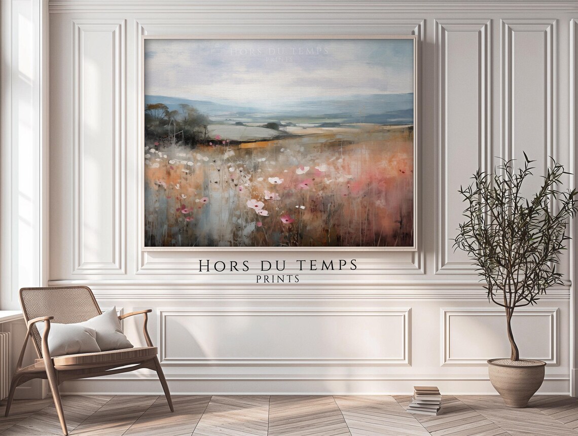 Dreamy Pink Wildflower Field Distant Hills Soft Pastel Painting Poster - Image 2