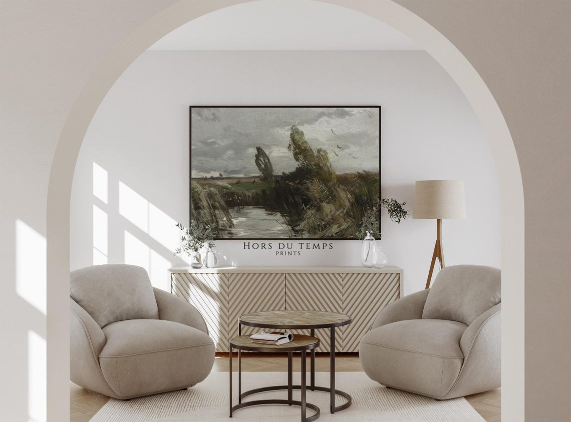 Windswept Trees Marsh Pond Stormy Gray Sky Dramatic Landscape Poster - Image 2