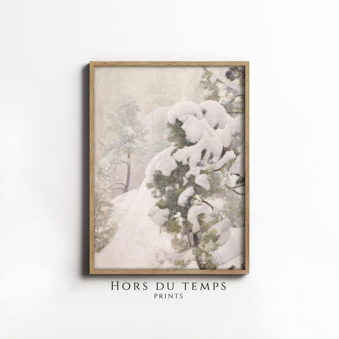 Snow Covered Pine Boughs Muted Sage Green Winter Study Oil Poster
