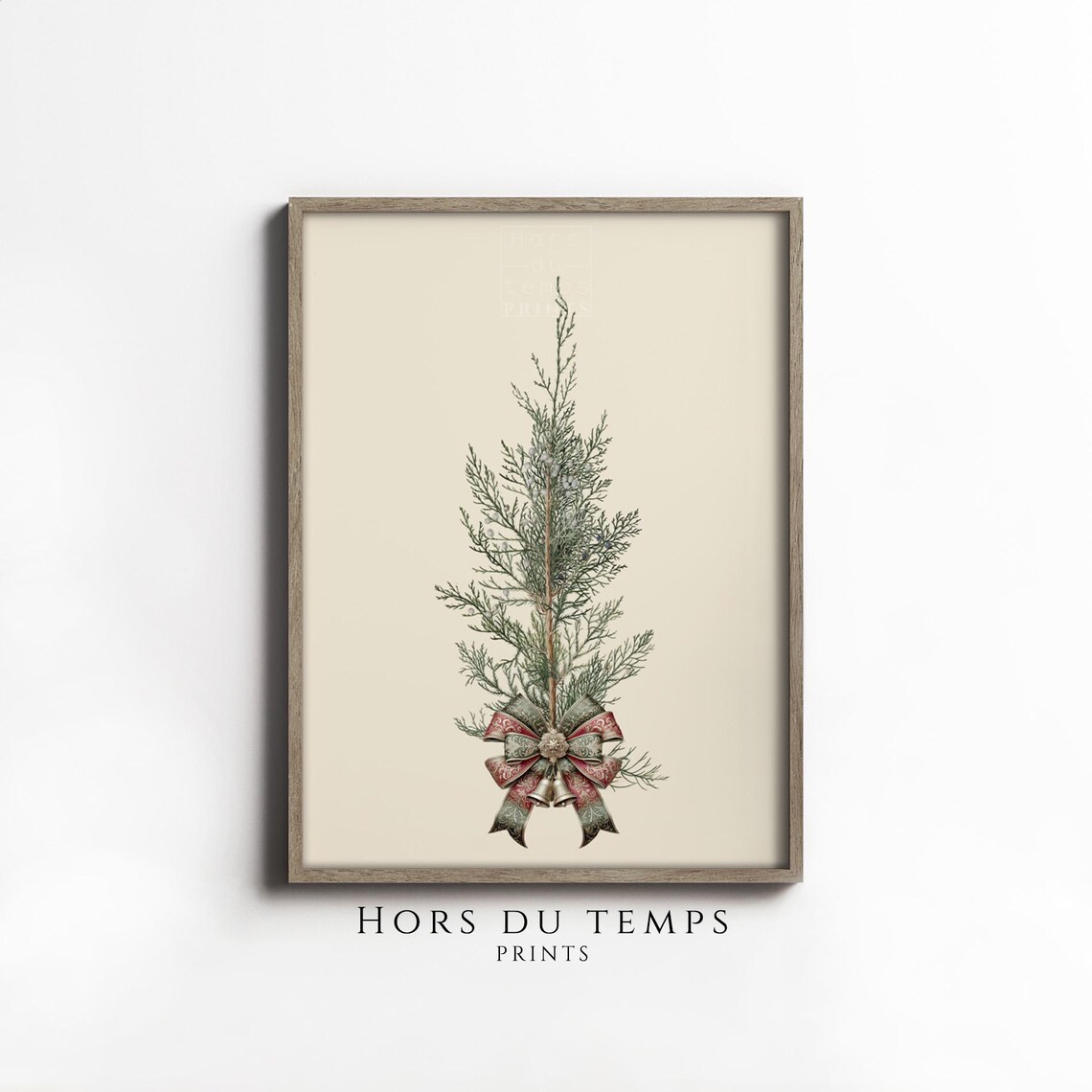 Christmas Cedar Branch Red Bow Bells Cream Botanical Holiday Poster
