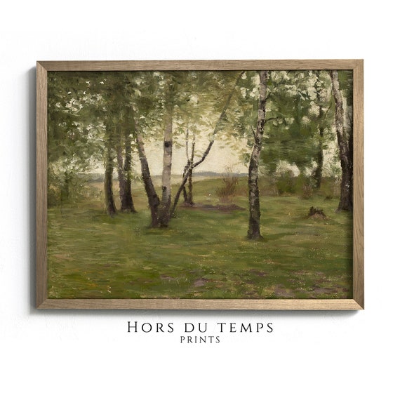 Birch Tree Forest Landscape Oil Painting Green Tonal Rustic Art Vintage Cottage Wall Decor Hors Du Temps Prints