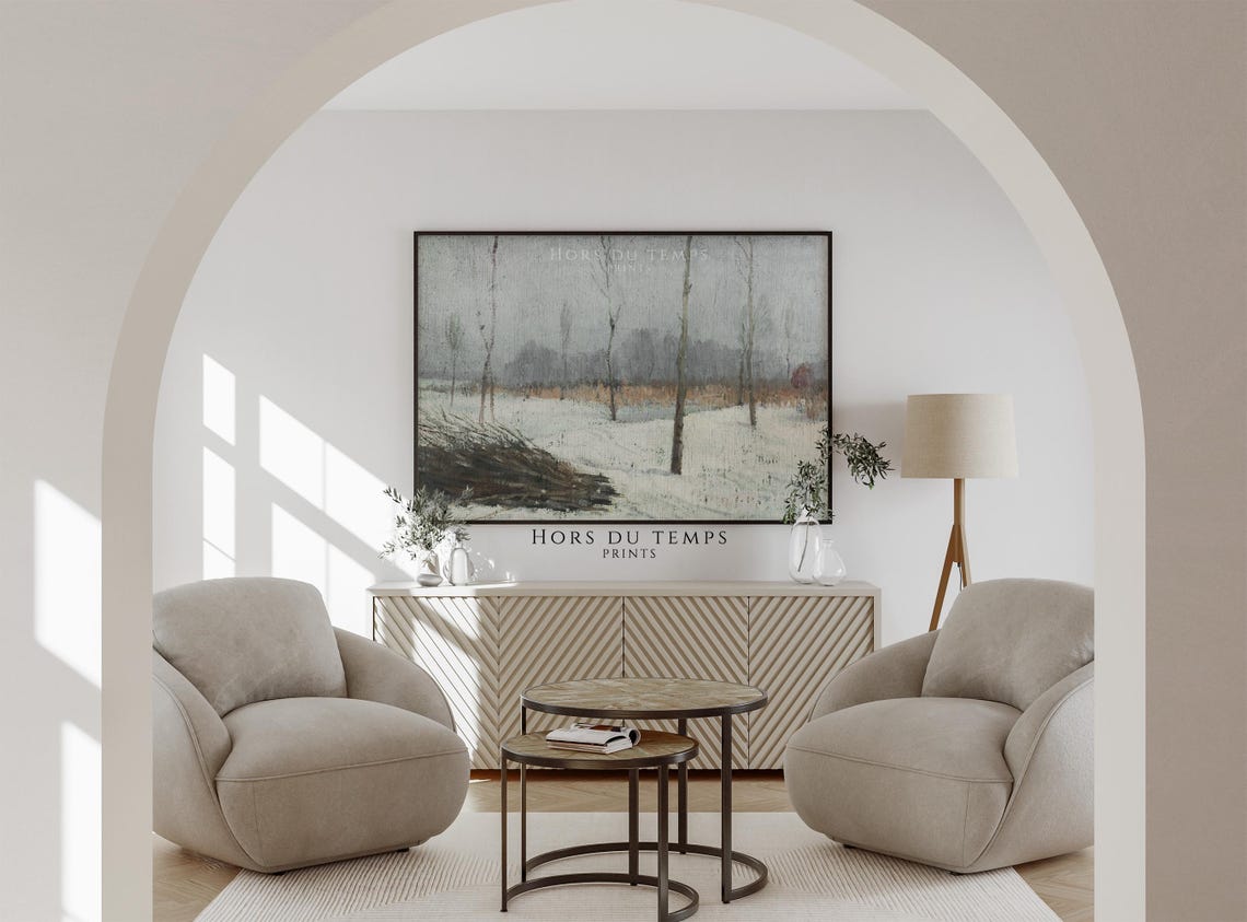 Misty Winter Field with Tall Bare Trees Tonal Landscape Poster - Image 2