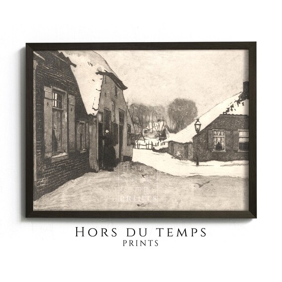 Moody Winter Village Farmhouse Black White Painting Christmas Vintage Art Hors Du Temps Prints