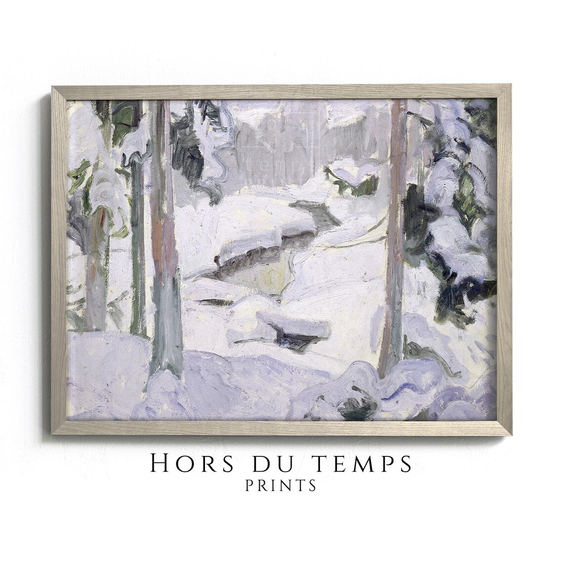 Snowy Forest Stream Lavender Hues Winter Woodland Impressionist Poster