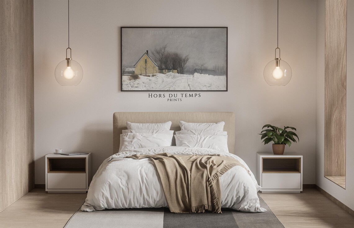 Yellow Cottage in Deep Snow Gray Winter Day Landscape Painting Poster - Image 2