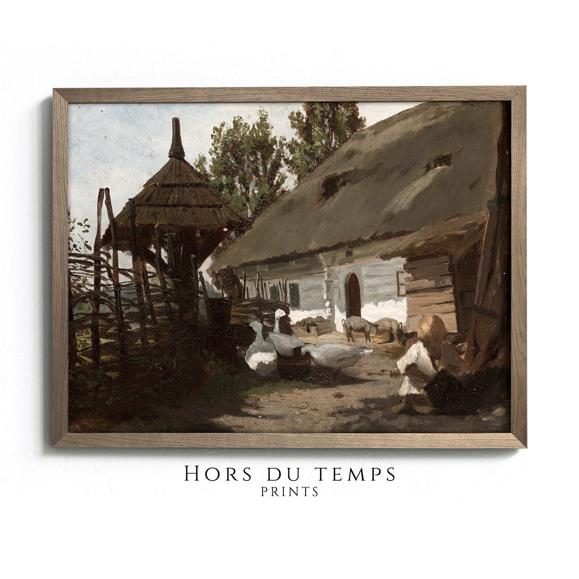 Old Thatched Cottage Geese Child Vintage Farmyard Scene Poster
