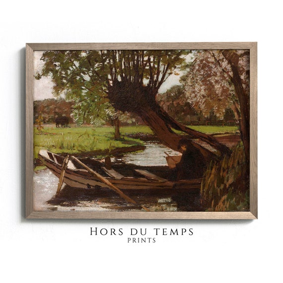 Boat In River Landscape Oil Painting Rustic Art Vintage Cottage Wall Decor Hors Du Temps Prints