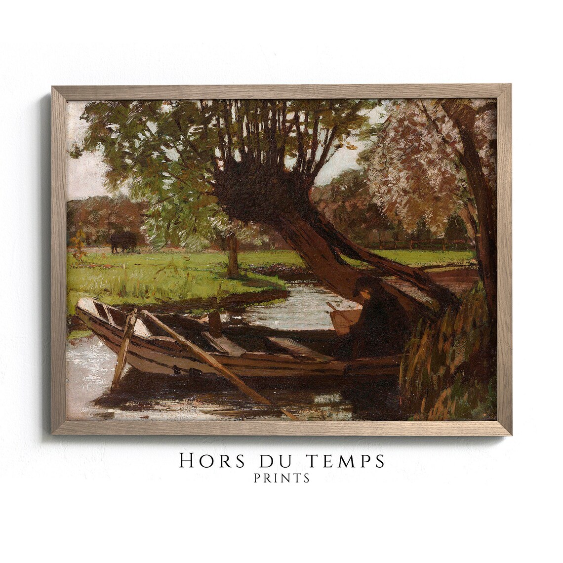 Rowboat Under Willow Tree Stream Vintage Pastoral Art Poster