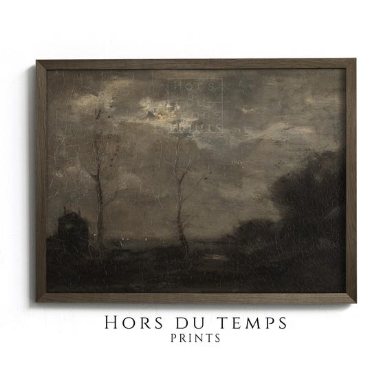 Moody Dark Landscape Painting Vintage Night Scene Art Village Farmhouse Wall Decor Hors Du Temps Prints