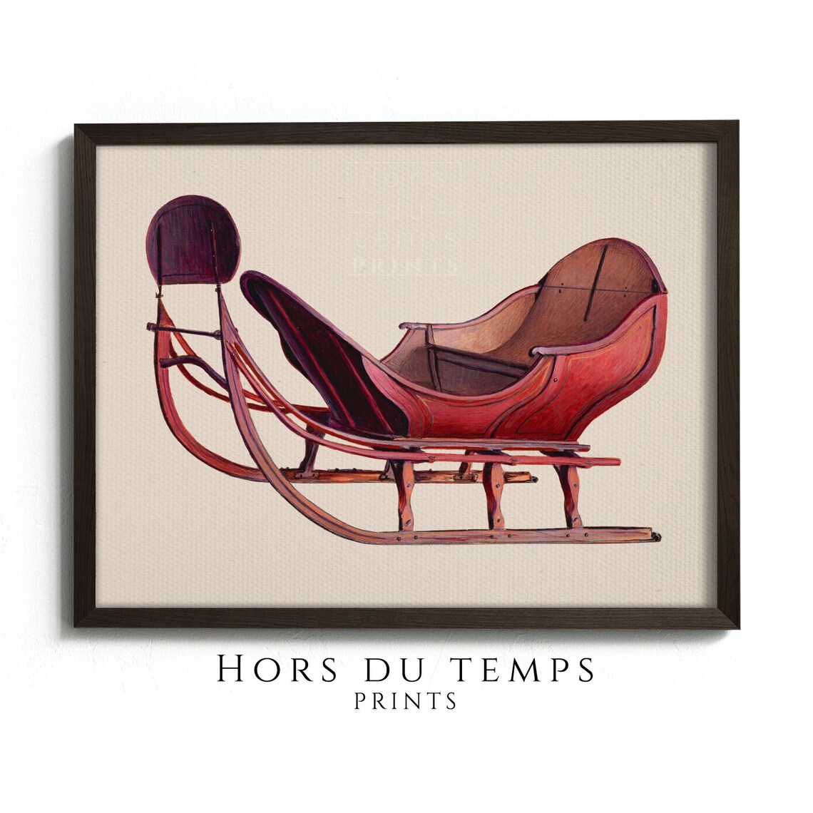 Vintage Red Wooden Sleigh Christmas Illustration Cream Art Poster