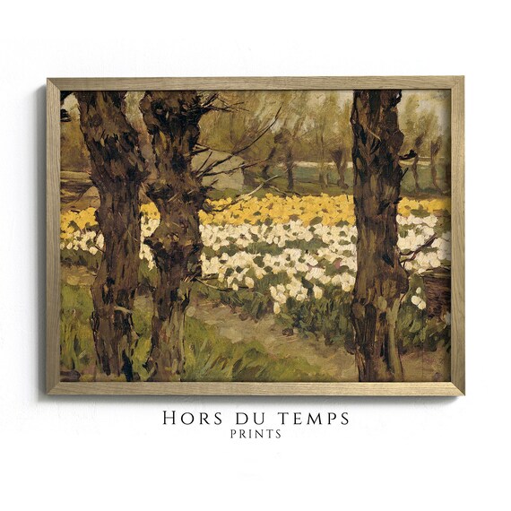 Bright Daffodil Field Gnarled Trees Vintage Spring Bloom Poster
