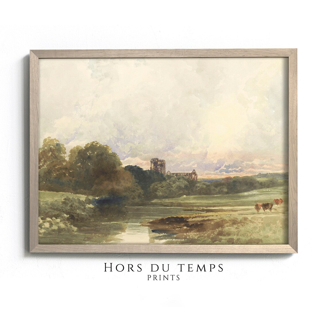 River Meadow Cows Abbey Ruins Soft Watercolor Landscape Poster