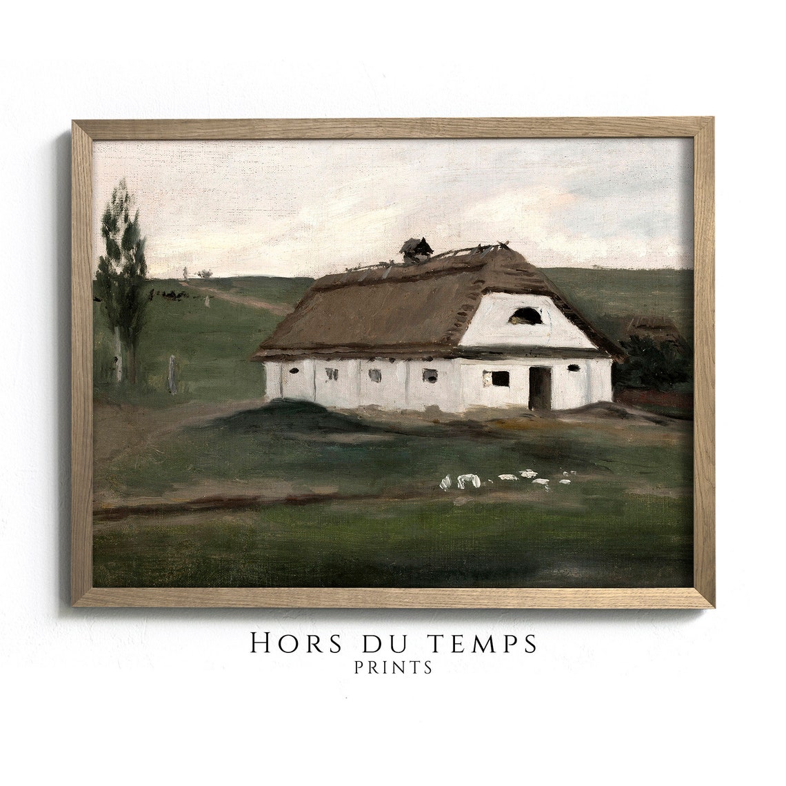 White Thatched Farmhouse Sheep Pasture Vintage Oil Painting Poster
