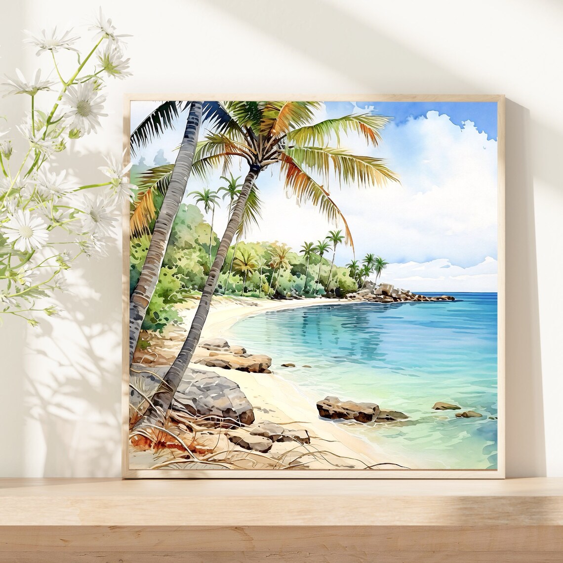 Tropical Beach Palm Trees Turquoise Sea Watercolor Travel Poster - Image 5