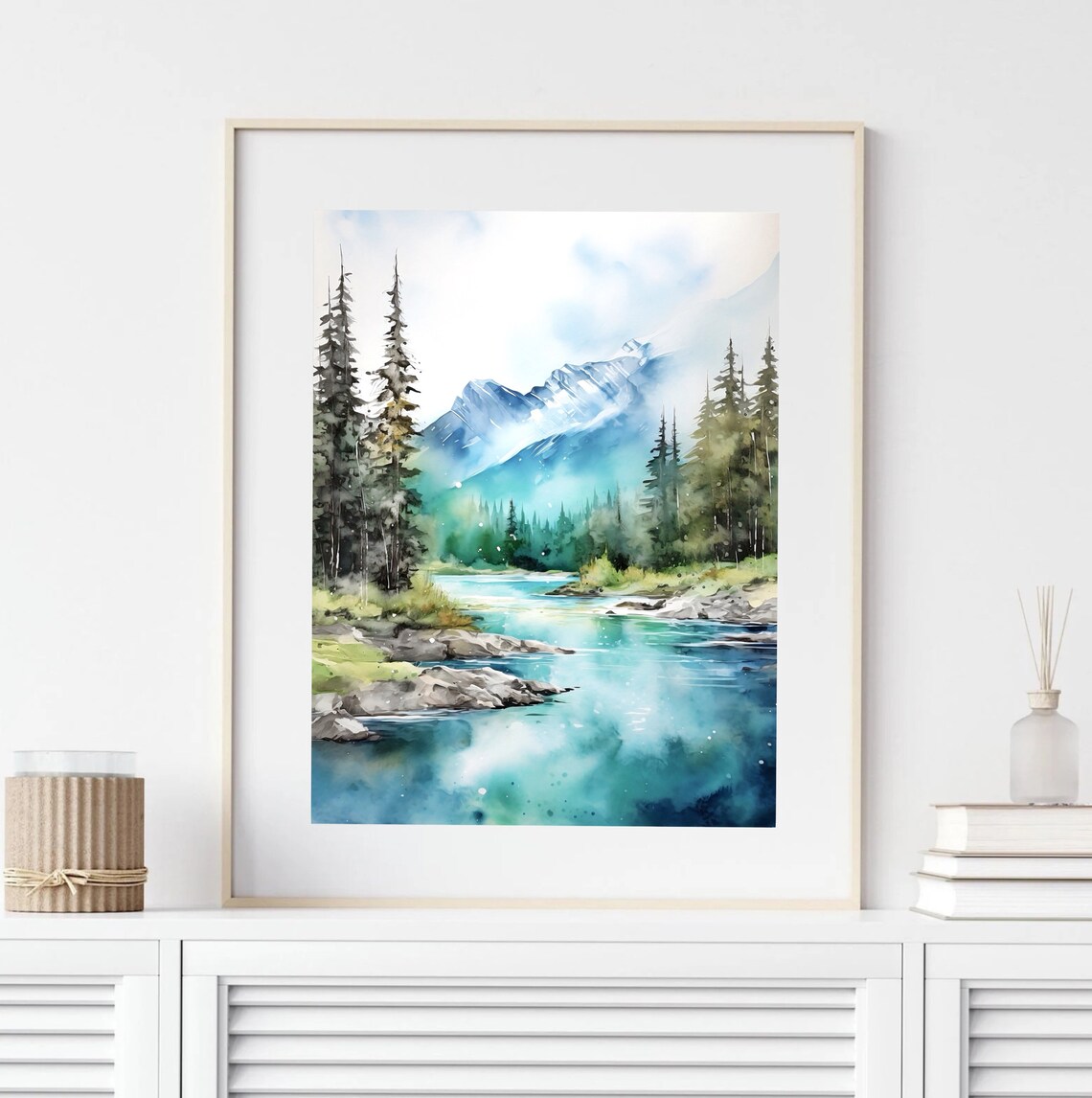 Turquoise Alpine Lake Pine Trees Snowy Peak Watercolor Poster - Image 4