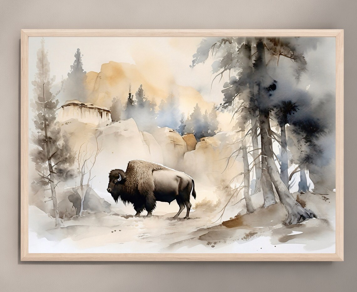 American Bison Misty Forest Wildlife Watercolor Nature Art Poster - Image 3
