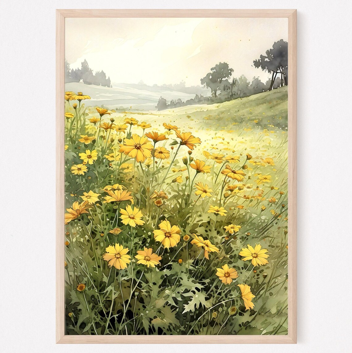 Yellow Wildflower Field Sunlit Meadow Watercolor Floral Art Poster