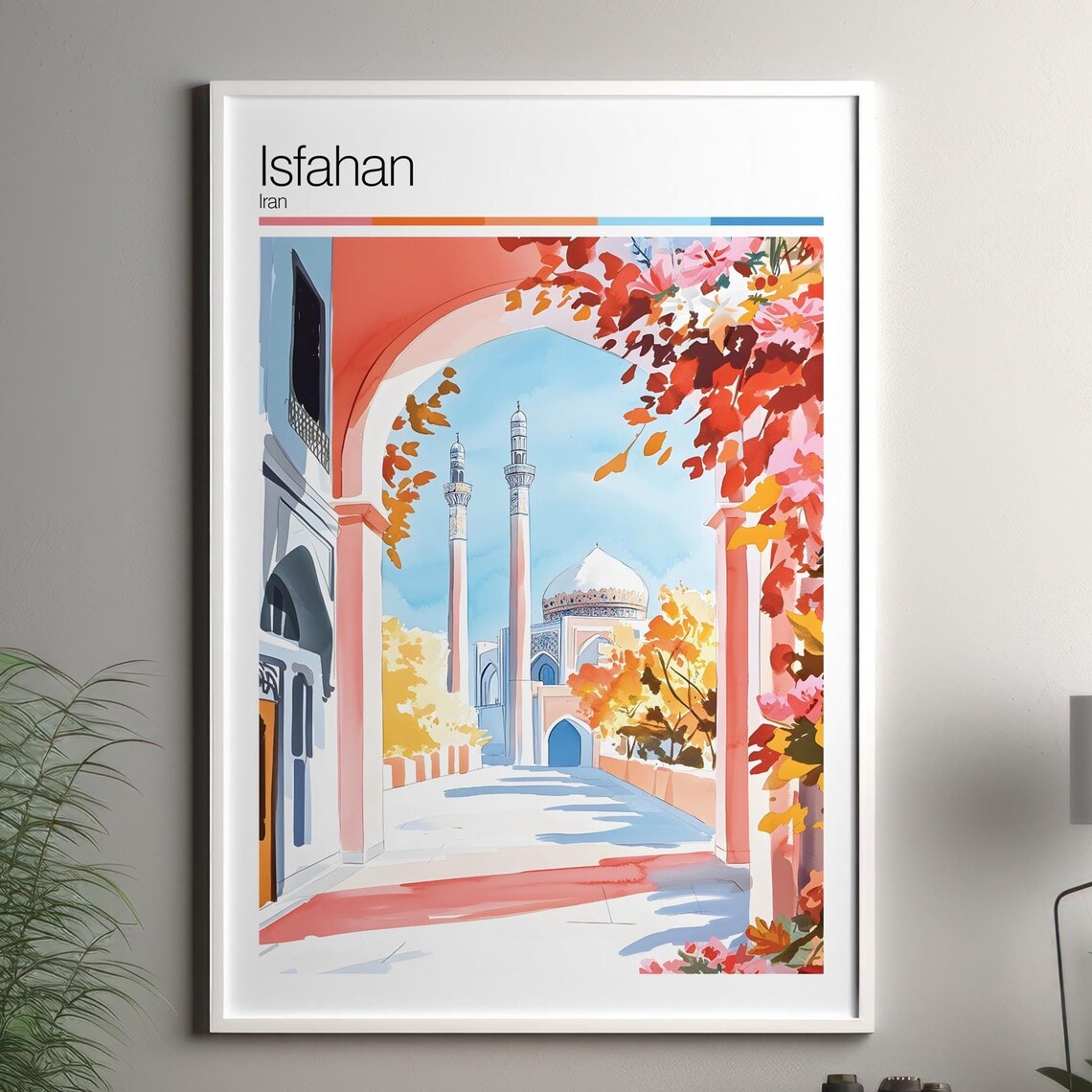 Isfahan Iran Mosque Arch Minarets Floral Travel Poster Watercolor
