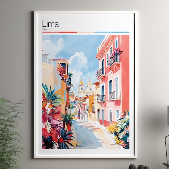 Lima Peru Colorful Colonial Street Watercolor Travel Art Poster