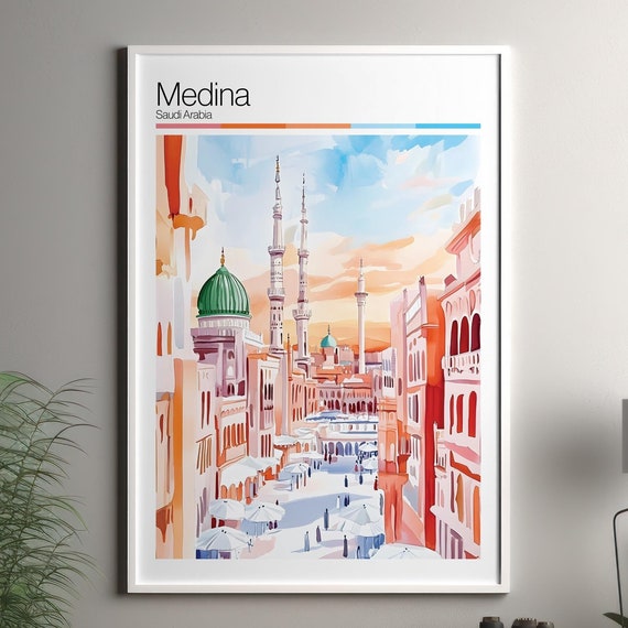 Medina Print Soft Colors Travel Poster Colourful Wall Art Saudi Arabia City Decor For