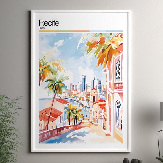 Sunny Recife Brazil Palm Street Colonial Watercolor Travel Poster