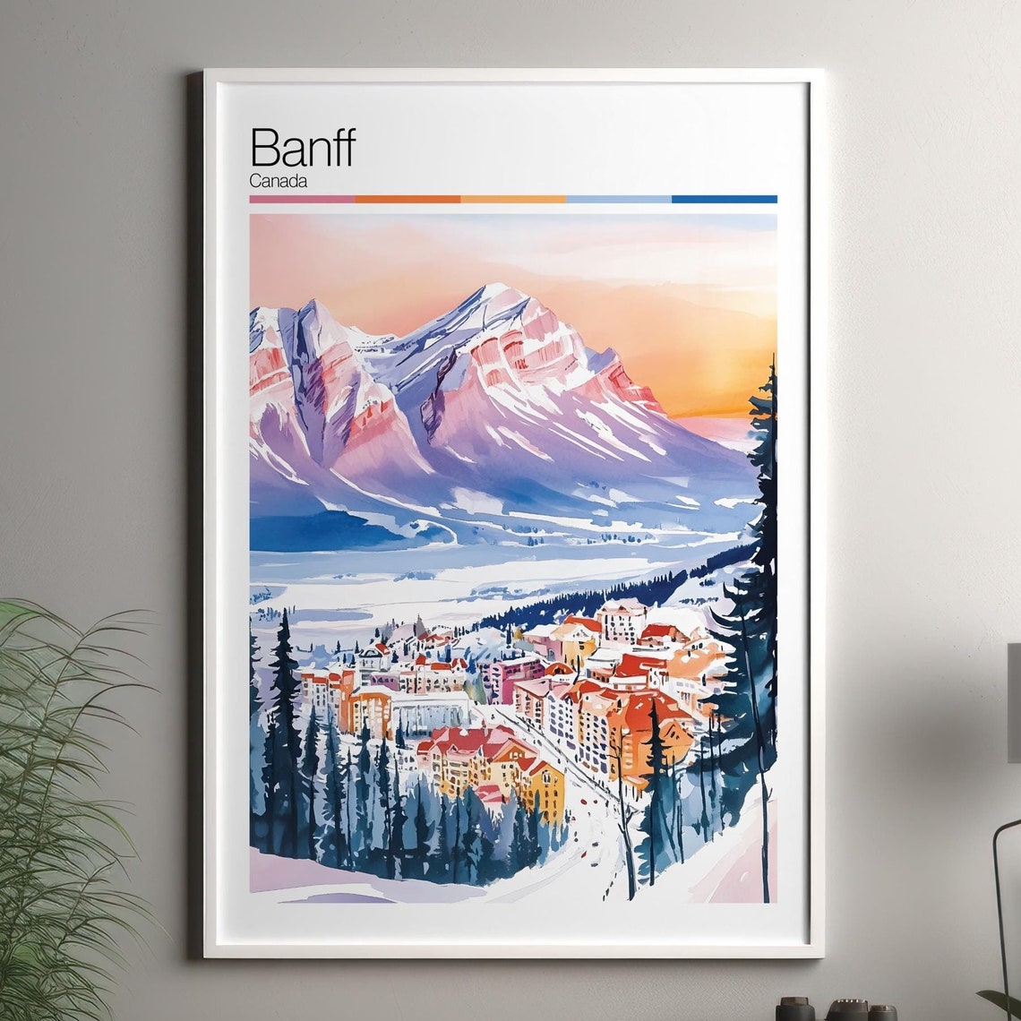 Banff Print Soft Colors Travel Poster Colourful Wall Art Canada City Decor For
