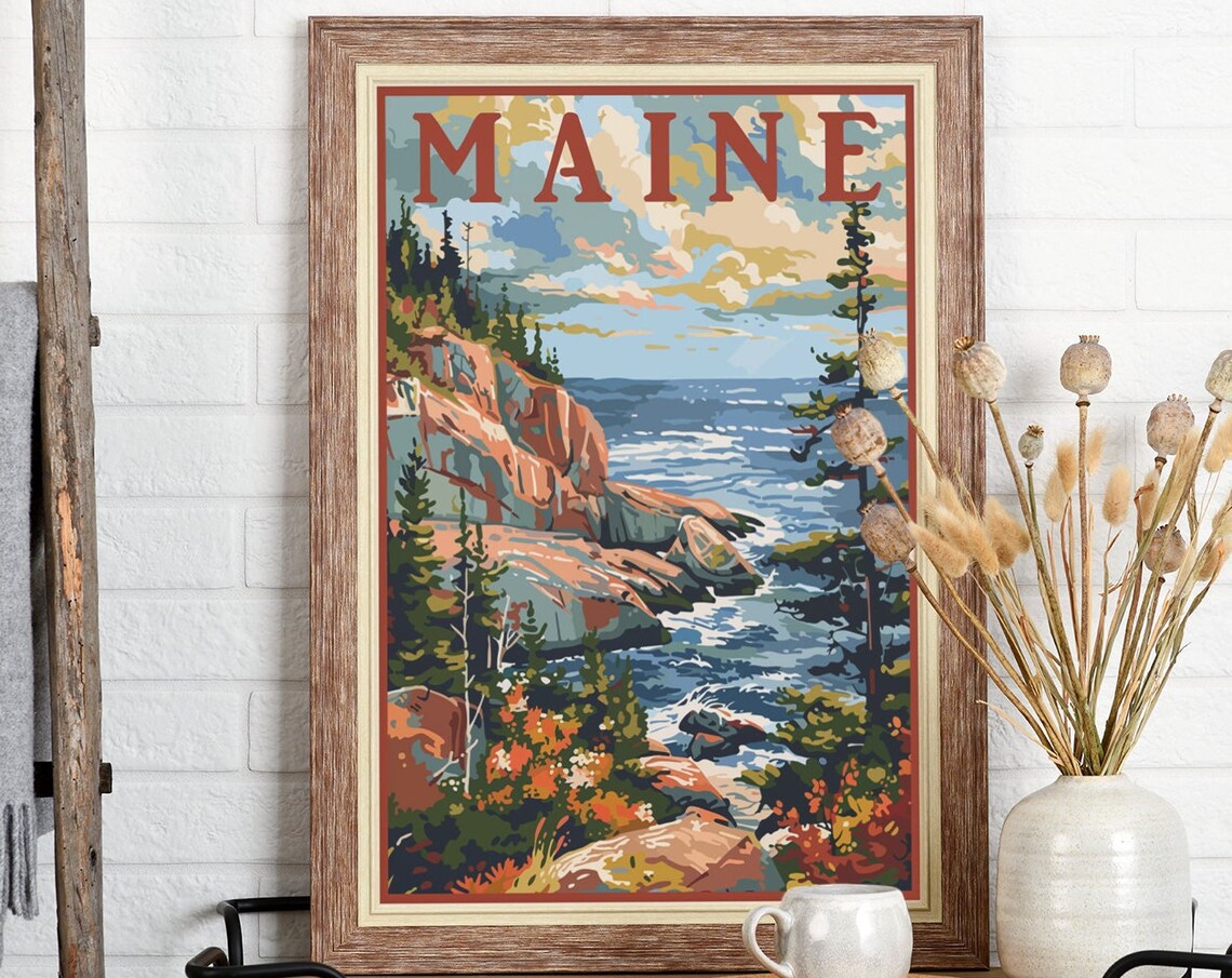 Maine Rocky Coast Cliffs Ocean View Vintage Travel Poster Art