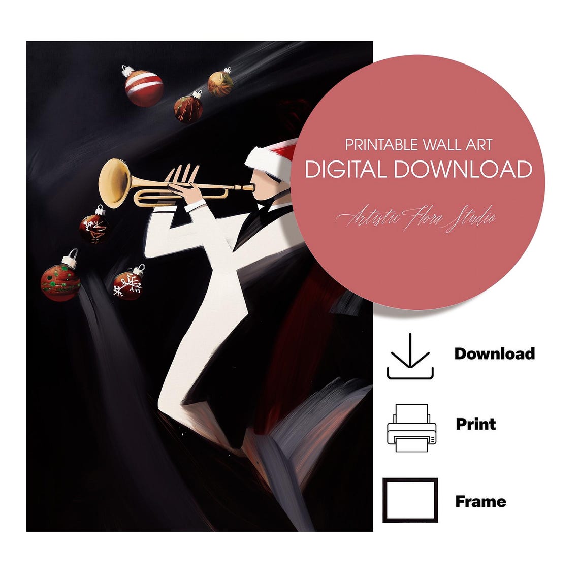 Jazz Trumpet Player in Santa Hat Christmas Abstract Art Poster - Image 3
