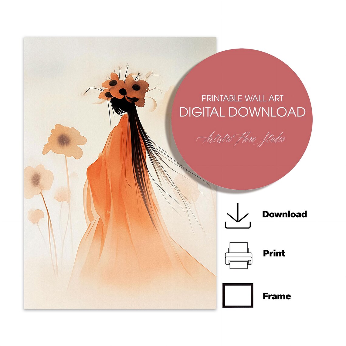 Japanese Woman Orange Kimono Watercolor Portrait Floral Art Poster - Image 3