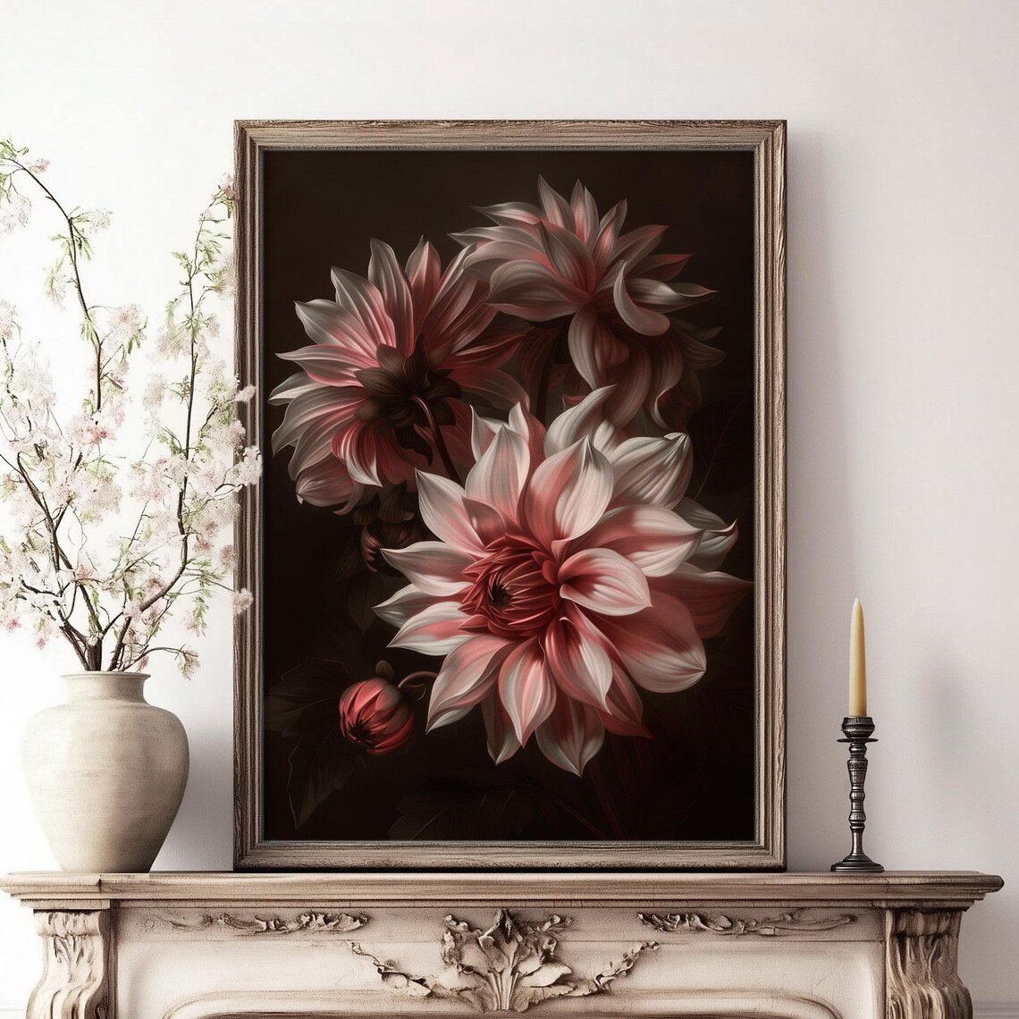 Dahlia Blossom Dark Moody Floral White Pink Botanical Art Poster - Image 3