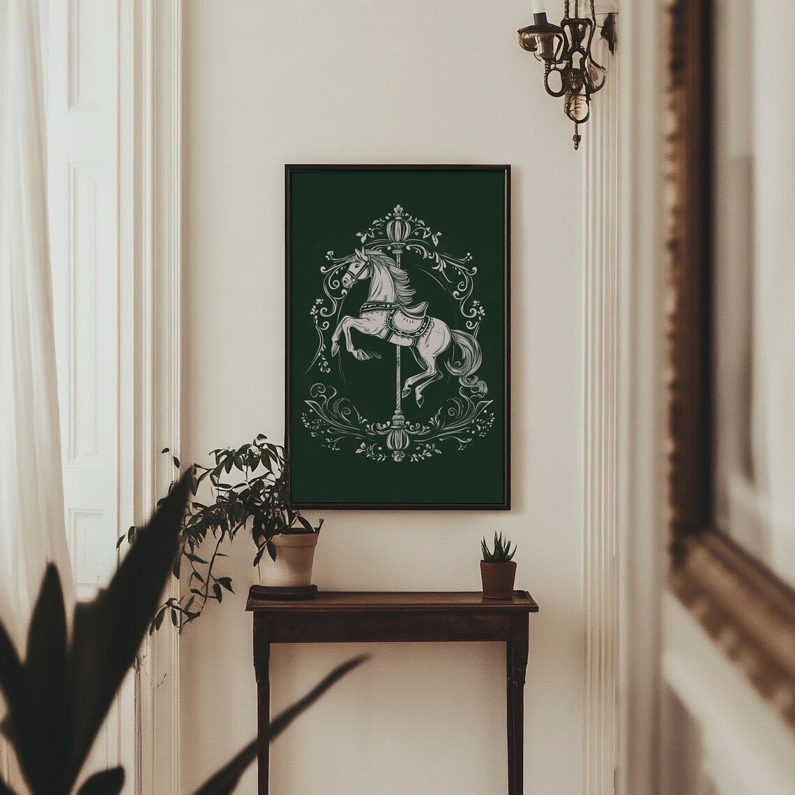 Antique White Carousel Horse Dark Green Vintage Style Poster - Image 4