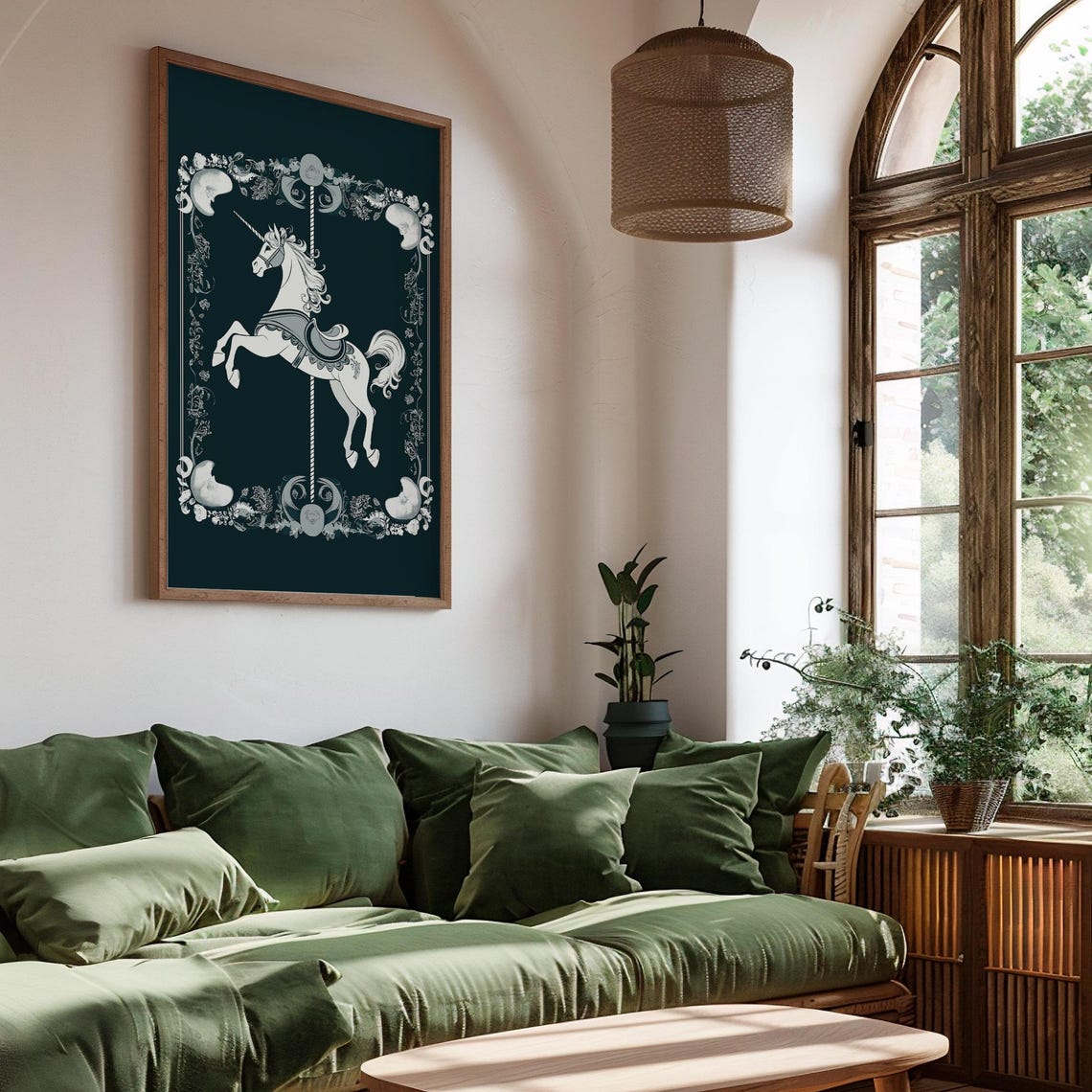 Magical White Carousel Unicorn Dark Navy Chalk Style Art Poster - Image 4