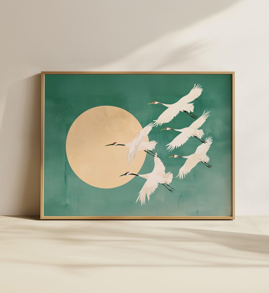 Flying White Cranes Over Gold Moon Japandi Teal Style Poster - Image 4