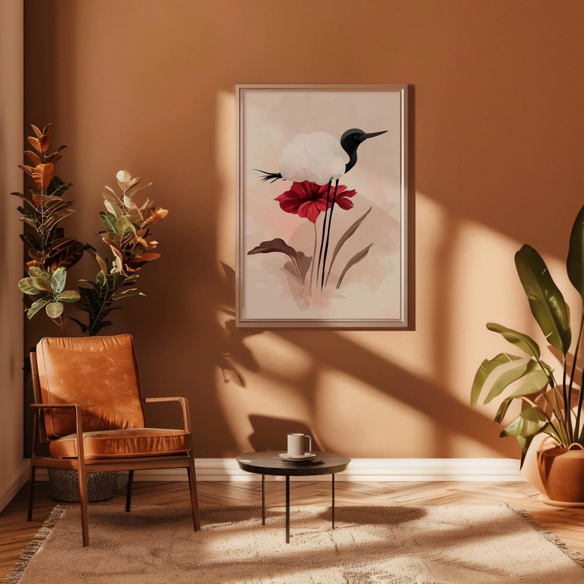 Black Headed Egret Red Flower Minimalist Watercolor Bird Poster - Image 4