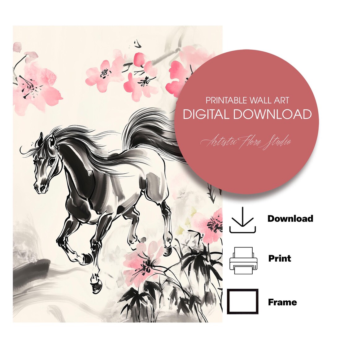 Galloping Horse Cherry Blossom Asian Ink Wash Painting Poster - Image 3