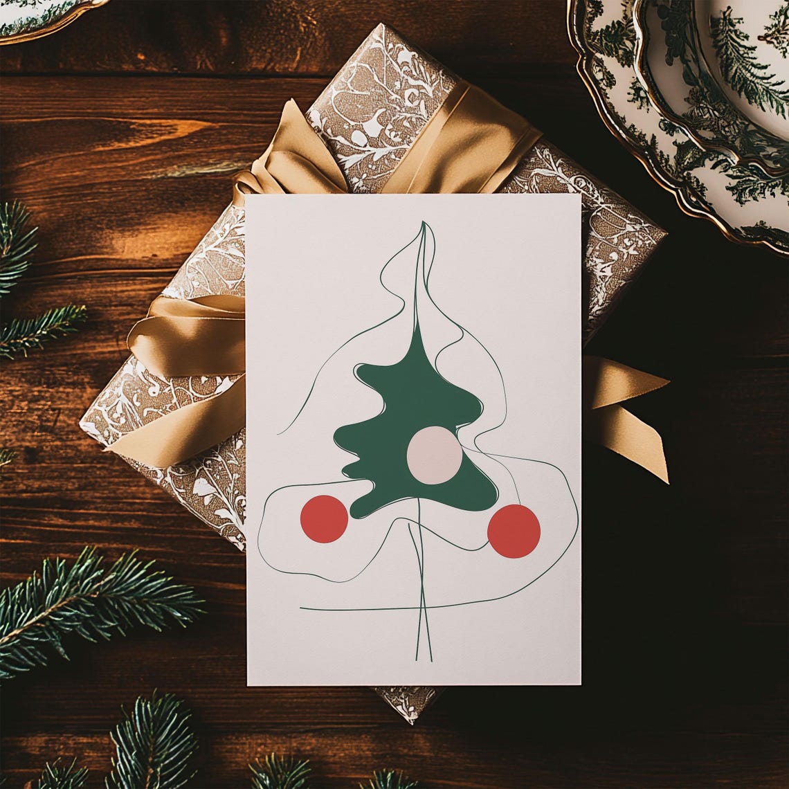 Abstract Green Line Drawing Christmas Tree With Red Ornaments Poster - Image 3
