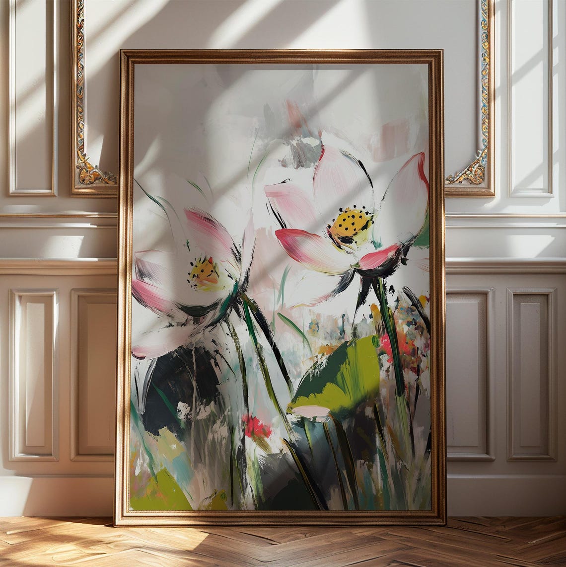 White Lotus Blossoms Abstract Oil Painting Pink Floral Art Poster
