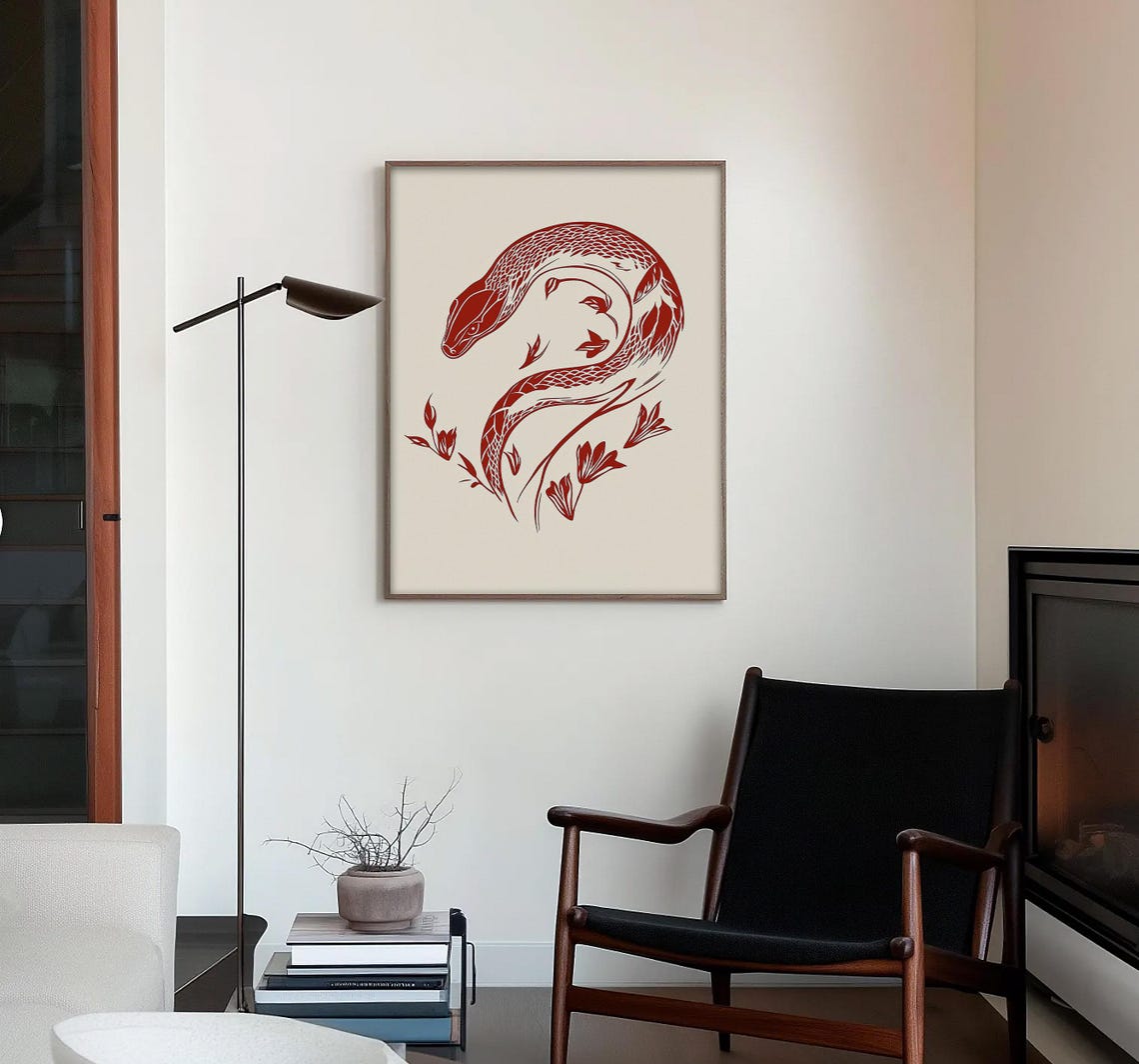 Red Paper Cut Snake Floral Design Bold Minimalist Art Poster - Image 3