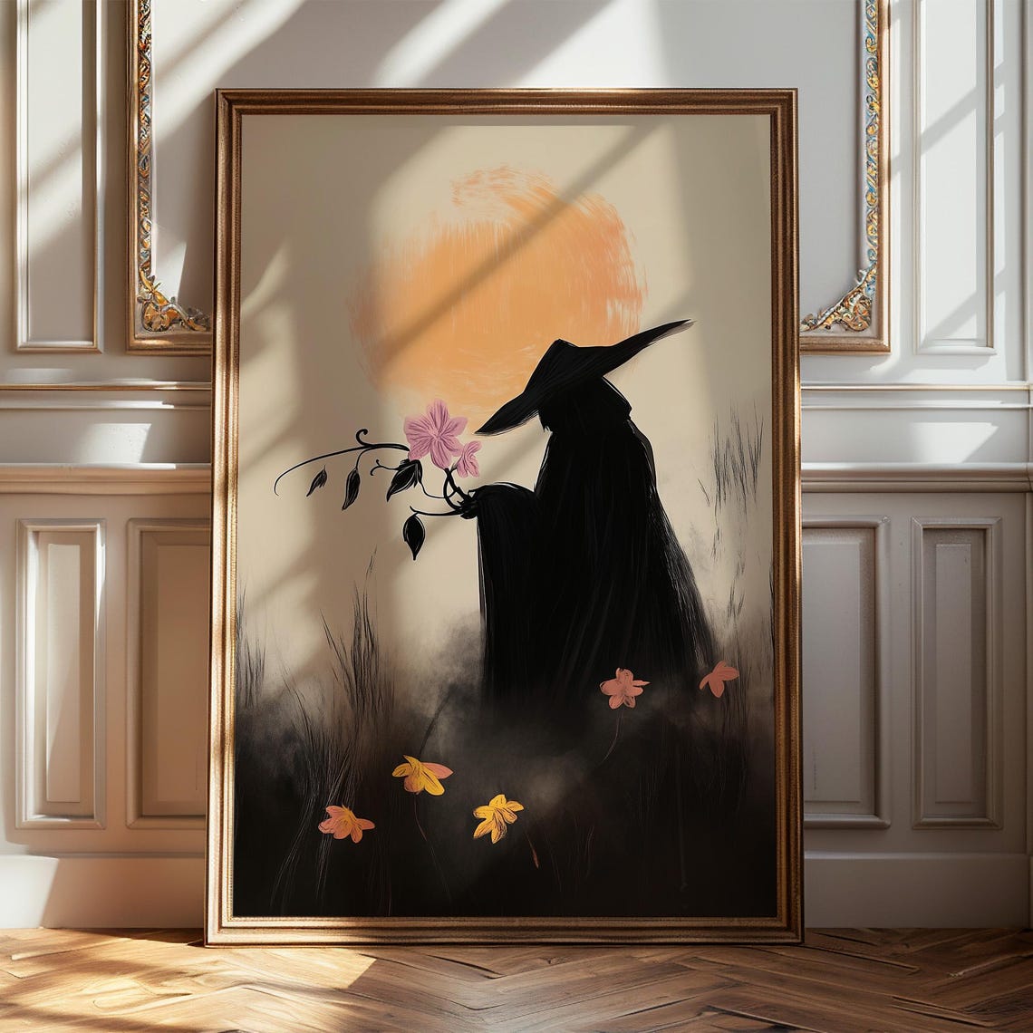 Witch Silhouette Harvest Moon Wildflower Dark Autumn Art Poster - Image 4