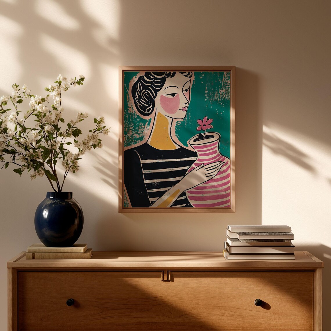 Woman In Breton Stripe Top Holding Pink Striped Flower Vase Poster - Image 4