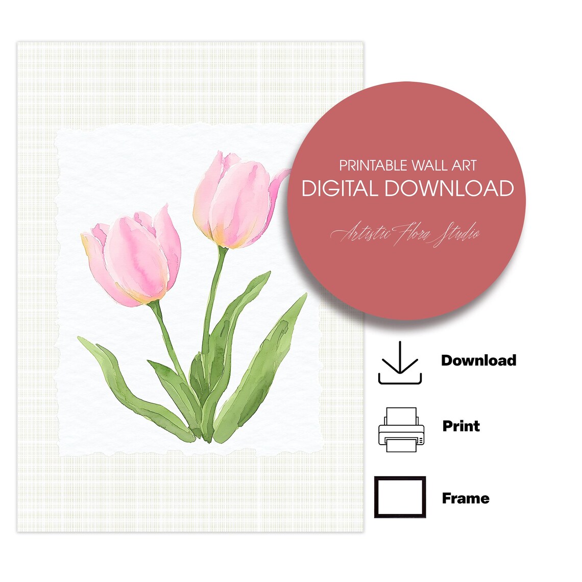 Pink Tulips Watercolor Pair Soft Floral Botanical Art Poster - Image 2