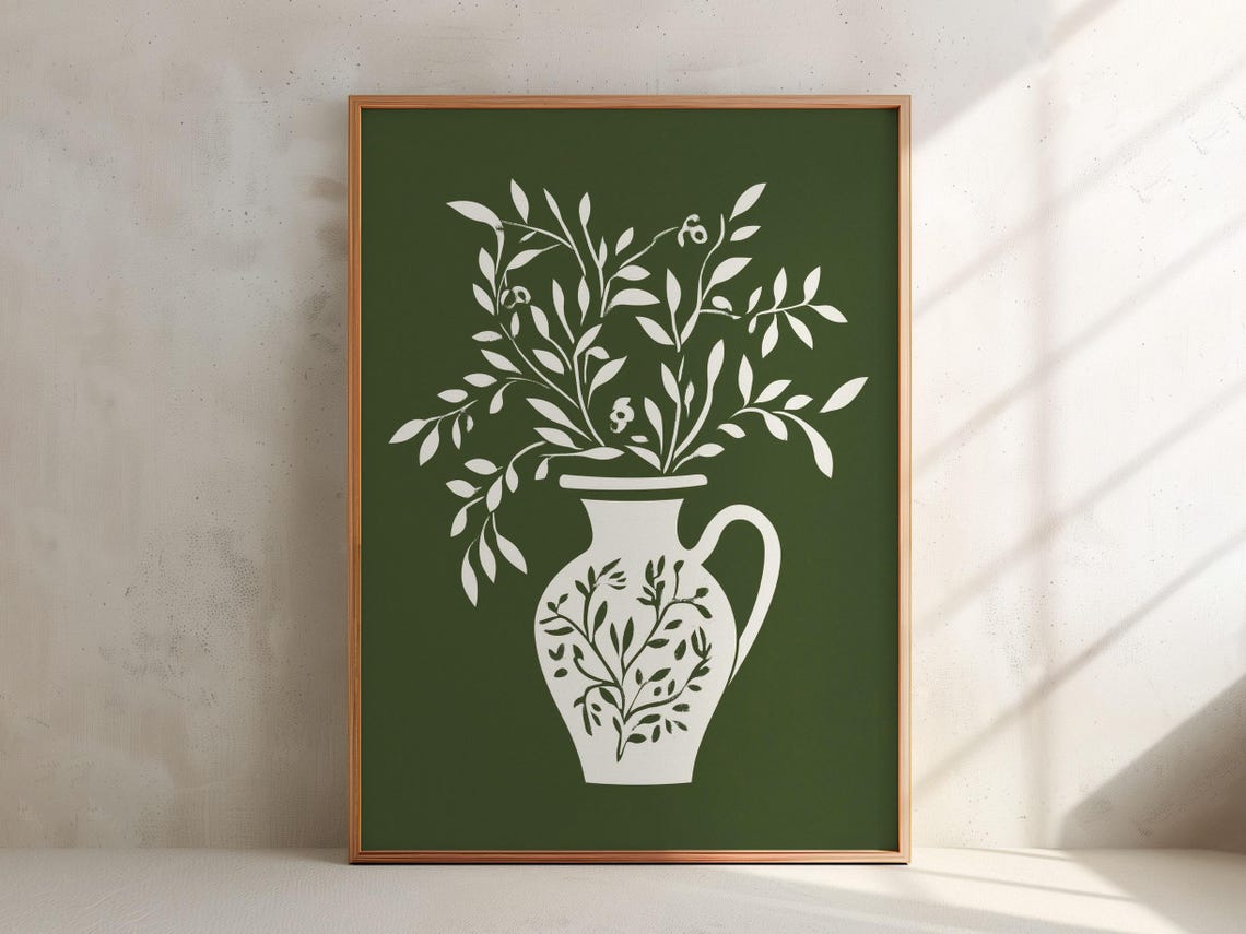 White Olive Branch Vase Silhouette Olive Green Minimalist Poster